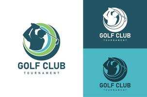 logo voor golf club toernooi. de logo Kenmerken een Mens Holding een golf club en een bal. de logo is blauw en groente, en is circulaire vector