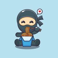 schattig Ninja aan het eten noodle tekenfilm illustratie vector