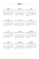 2025 kalender in klassieke strikte stijl. wandtafel kalenderschema, minimaal ingetogen zakelijk ontwerp voor notebook en planner. week begint op zondag vector