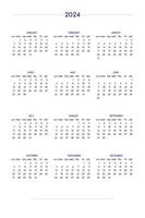 2024 kalender in klassieke strikte stijl. wandtafel kalenderschema, minimaal ingetogen zakelijk ontwerp voor notebook en planner. week begint op zondag vector