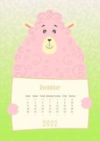 2022 december kalender, schattig ram lama dier met een maandelijks kalenderblad, handgetekende kinderachtige stijl vector