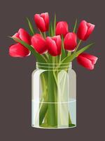 boeket van rood tulpen gebonden samen in een glas pot geïsoleerd Aan zwart verticaal achtergrond voor voorjaar groet kaarten. vector