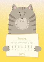 2022 februari-kalender, schattig kattendier met een maandelijks kalenderblad, met de hand getekende kinderachtige stijl vector