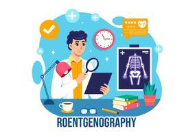 röntgenografie illustratie met fluorografie lichaam controle procedure, röntgenstraal scannen of röntgen in Gezondheid zorg in een vlak tekenfilm achtergrond vector