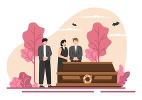 begrafenis ceremonie illustratie van verdrietig mensen in zwart kleren staand door een graf met kransen in de omgeving van een lijkkist in een vlak tekenfilm achtergrond vector