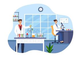 illustratie van een laboratorium dirigeren wetenschappelijk Onderzoek, experimenteren, en meting in een vlak tekenfilm stijl achtergrond vector