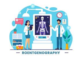 röntgenografie illustratie met fluorografie lichaam controle procedure, röntgenstraal scannen of röntgen in Gezondheid zorg in een vlak tekenfilm achtergrond vector