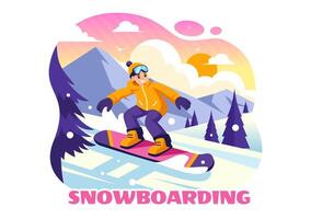 snowboarden illustratie met mensen glijden en jumping Aan een besneeuwd berg helling gedurende winter, vlak stijl tekenfilm achtergrond vector