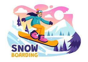 snowboarden illustratie met mensen glijden en jumping Aan een besneeuwd berg helling gedurende winter, vlak stijl tekenfilm achtergrond vector