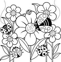 lieveheersbeestjes vliegend in de omgeving van bloemen in lente. lente natuur planten en bloemen met dame bugs insecten. zwart en wit kleur bladzijde. vector