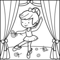 een ballerina danser meisje, dansen Aan de fase, Holding bloemen. weinig ballet dans prestatie. zwart en wit kleur bladzijde. vector