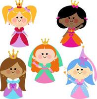 schattig prinses meisjes met mooi jurken. verschillend groep van prinsessen en koningin met verschillend kleurrijk prinses jurk en tiara's. illustratie reeks vector