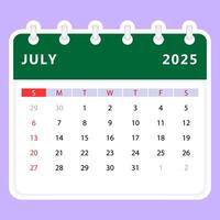 juli 2025 kalender. zondag begin. vector