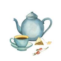 keuken theepot en blauw porselein beker, roos heupen, thee tas. allemaal voorwerpen zijn hand geschilderd met aquarellen. waterverf illustratie. voor het drukken Aan verpakking, papier, keuken ontwerp, textiel vector