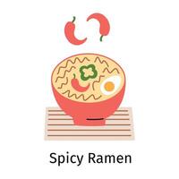 illustratie van een kom van pittig ramen met Chili paprika's bovenstaande, geplaatst Aan een bamboe mat. tekening stijl, vlak tekenfilm beeld voor Aziatisch keuken, voedsel, en dining concepten. culinaire cultureel thema's vector