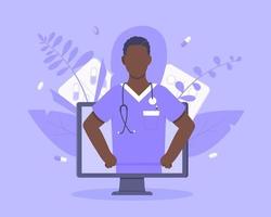 online arts medische dienstverleningsconcept met arts in de monitor scherm vectorillustratie. telegeneeskunde webconsultatie voor patiënten gezondheidszorg check-ups en het nemen van medicijnen op recept. vector