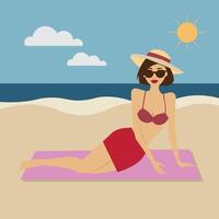 illustratie van een vrouw in bikini ontspannende Aan zanderig strand en hebben zonnebrand in zomer vakantie. vector