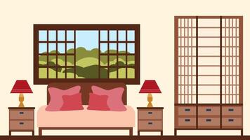 de interieur van een modern knus slaapkamer met een venster bovenstaand de bed en twee nachtkastje tafels, gemaakt in Japans stijl. de illustratie is gemaakt in een vlak stijl. vector