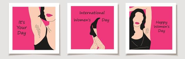 Internationale vrouwen dag groet kaarten reeks met hand getekend illustraties van vrouw ongeschoren harig poten en oksel haar. posters vieren lichaam positiviteit. vector