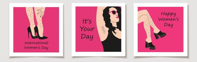 Internationale vrouwen dag groet kaarten reeks met hand getekend illustraties van vrouw ongeschoren harig poten en oksel haar. posters vieren lichaam positiviteit. vector