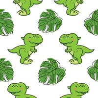 schattig tyrannosaurus rex in Aziatisch kawaii stijl en monstera bladeren naadloos patroon. dinosaurus t-rex, prehistorisch hagedis. tekenfilm karakter grappig illustratie voor behang, kleding stof, inpakken, achtergrond vector