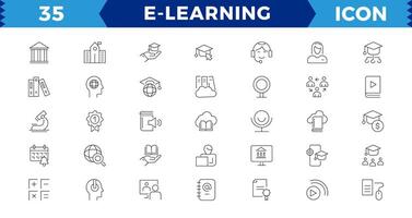 e-learning pixel perfect zwart en wit icoon set. online onderwijs elementen schets icoon set. slim aan het leren. e-learning, e-learning, audio boek, zvideo cursussen, diploma uitreiking, onderwijs platform ideeën vector