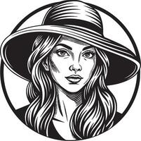 schattig meisje met hoed zwart en wit illustratie vector