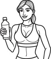 geschiktheid vrouw met fles van water illustratie zwart en wit vector