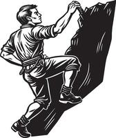 een Mens beklimming een berg in zwart en wit illustratie vector