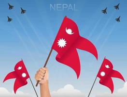 vlaggen van nepal die onder de blauwe lucht vliegen vector