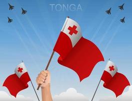 Tonga-vlaggen die onder de blauwe lucht vliegen vector