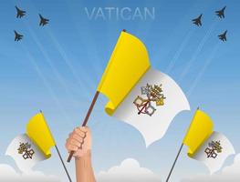 vaticaanse vlaggen vliegen onder de blauwe lucht vector