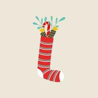 kerstsok voor geschenken, snoep in een sok, vectorillustratie geïsoleerd. platte cartoonstijl vector