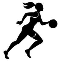 een slank vrouw basketbal speler rennen snel, Holding de bal silhouet vector