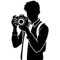 jong elegant fotograaf staand met Holding een dslr camera silhouet vector