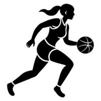 een slank vrouw basketbal speler rennen snel, Holding de bal silhouet vector