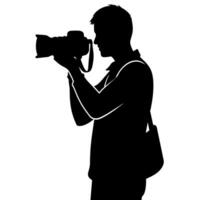 jong elegant fotograaf staand met Holding een dslr camera silhouet vector