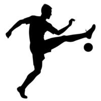 een voetbal speler trap de bal silhouet, wit achtergrond vector