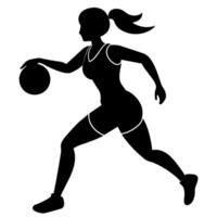 een slank vrouw basketbal speler rennen snel, Holding de bal silhouet vector