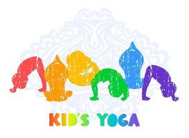 kleurrijke vectorillustraties van silhouetkinderen die yoga verschillende yogahoudingen of gymnastiekoefeningen doen vector