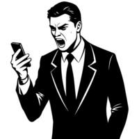 een bedrijf Mens pratend met mobiel telefoon met boos mode silhouet, wit achtergrond vector