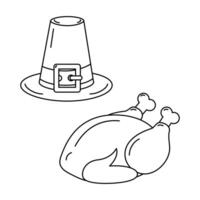 gebraden kalkoen en pelgrim hoed schets tekening traditioneel dankzegging simbols in minimalistisch stijl vector