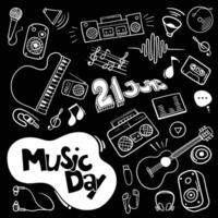 achtergrond sjabloon ontwerp voor wereld muziek- dag welke is gevierd Aan juni 21 in zwart achtergrond met muziek- pictogrammen in tekening kunst. vector