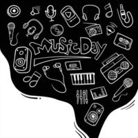 wereld muziek- dag ontwerp met tekening kunst van muziek- pictogrammen in zwart gerookt achtergrond. mooi zo sjabloon voor muziek- campagne of reclame vector