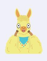 een unisex-personage. cartoon pluizig bang of verrast lama met een verband om zijn nek. geeloranje lama. verrast gezicht met open mond. lama met grote ogen. platte vectorillustratie vector