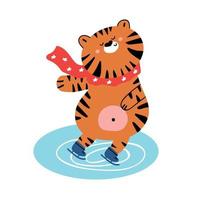 schattige handgetekende tijger die een sjaal draagt, schaatsend op ijs. symbool van het nieuwe jaar. kinderkamer ontwerp. vector