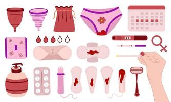 vrouwelijke hygiëne set. menstruatiecyclus. vrouw kritieke dagen. menstruatiecup, maandverband, tampon, test. illustratie voor afdrukken, achtergronden, wallpapers, covers, verpakkingen, wenskaarten vector