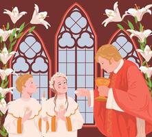 kinderen in de kerk gedurende de eerste gemeenschap. de priester is Holding brood. een ceremonie in de christen traditie, een lid van de kerk ontvangt de Eucharistie. vector