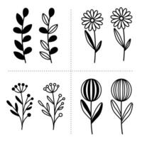 reeks van hand getekend bloemen en blad silhouetten vector