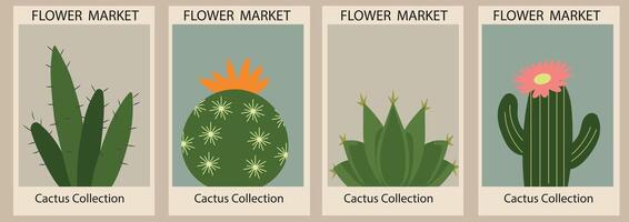 reeks van abstract hedendaags esthetisch bloem markt affiches. modieus botanisch muur kunsten met cactussen ontwerp in helder kleuren. modern naief funky interieur decoraties. boho kunst illustratie. vector